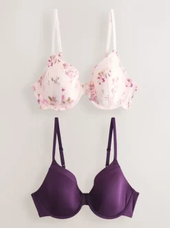 Plum Purple/Floral Print - A-E Afvlakkende Ultimate Comfort Beha's 2 Verpakking