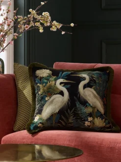 Printed Crane Velvet Cushion