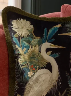 Printed Crane Velvet Cushion