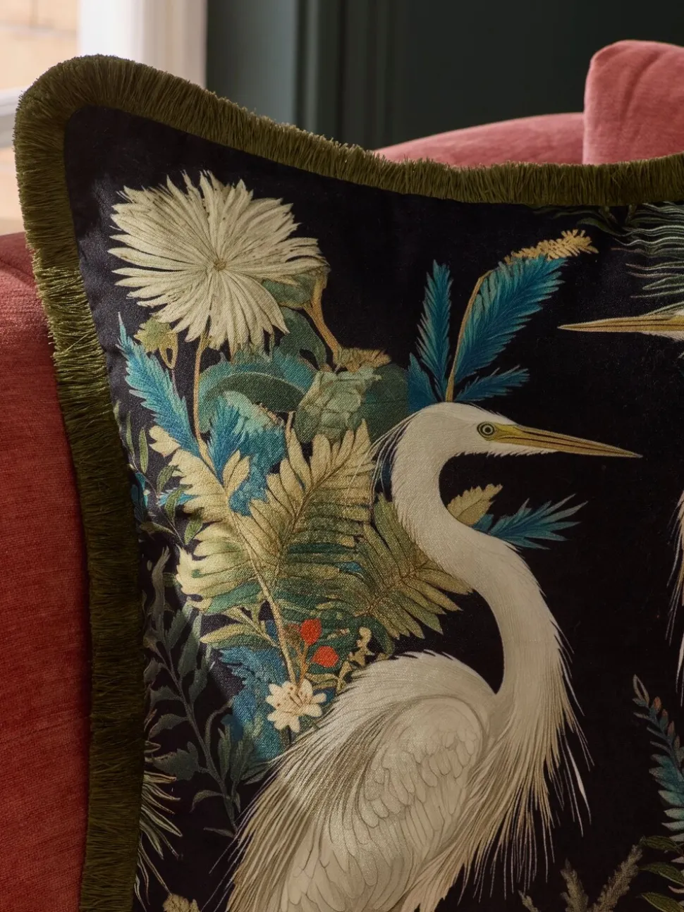 Printed Crane Velvet Cushion
