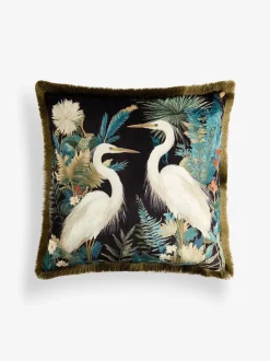 Printed Crane Velvet Cushion