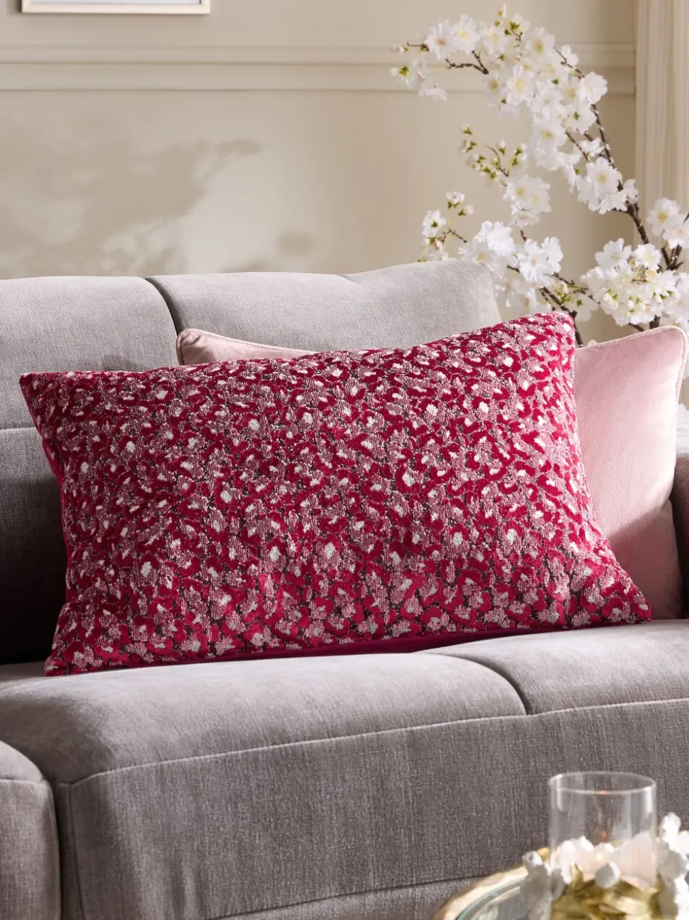 Raspberry Pink 40 X 59cm Cut Velvet Cherry Blossom Abstract Cushion
