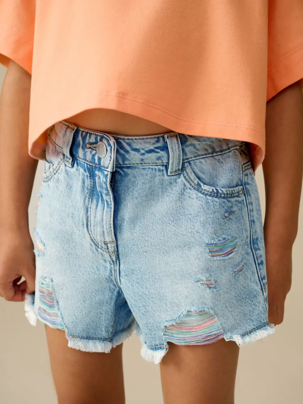 Regenboog - 100% katoenen shorts met gerafelde rand (3-16jr)