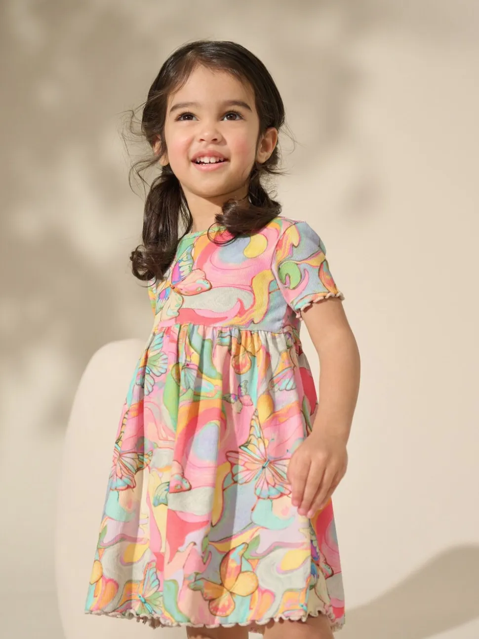 Regenboogvlinder - Geribde jersey jurk (3 mnd-7 jr)