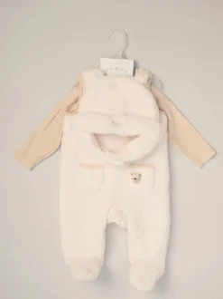 Rock-A-Bye Baby Boutique Baby Borg witte bretelbroeken bodysuit en hoedenset 3 -delig
