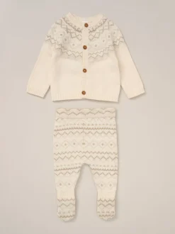 Rock-A-Bye Baby Boutique True Knit Fairisle Pattern White Cardigan And Footed Trousers Outfit Set
