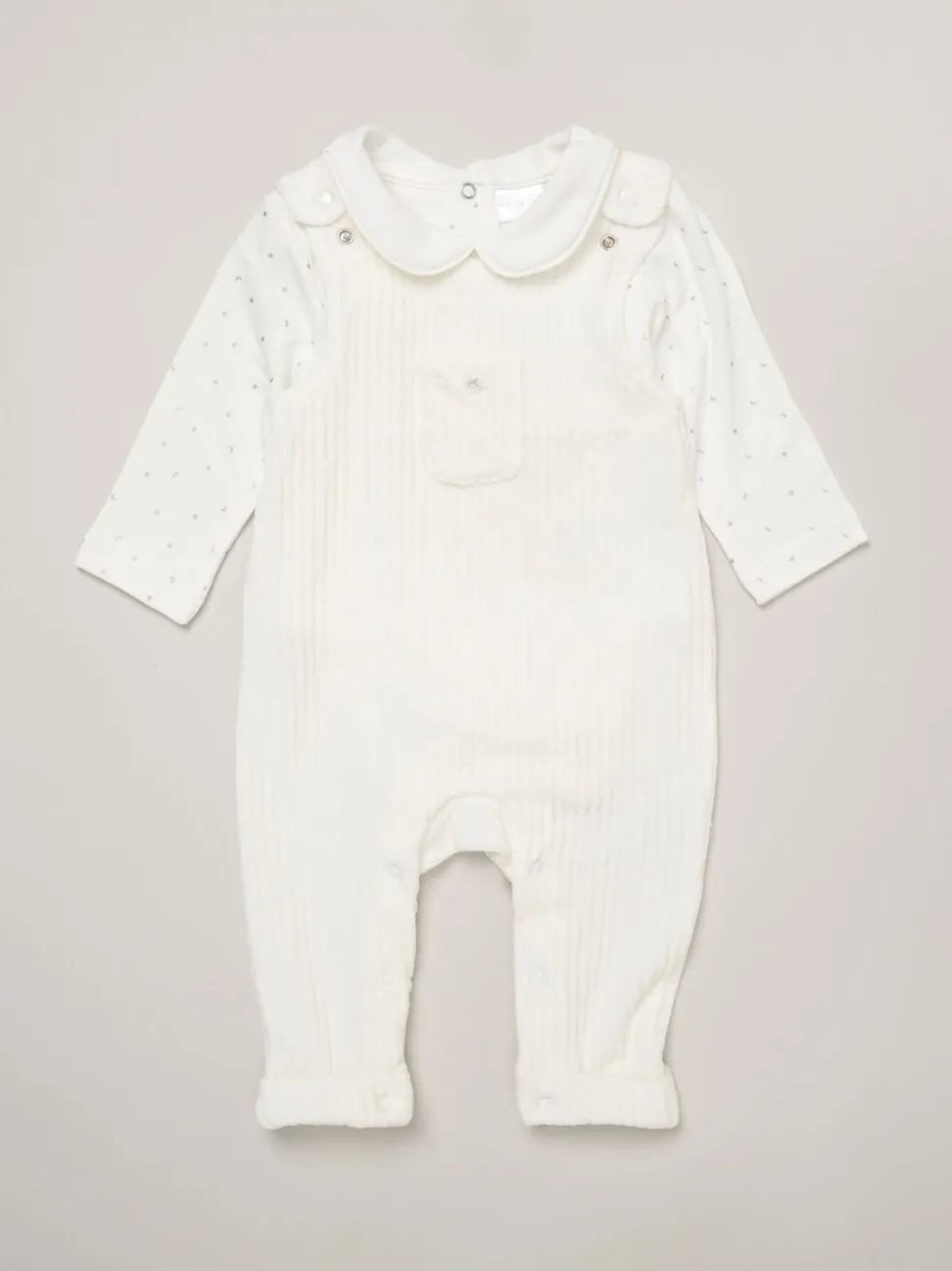 Rock-a-Bye Baby Boutique witte velours baby bretelbroeken en bodysuit set