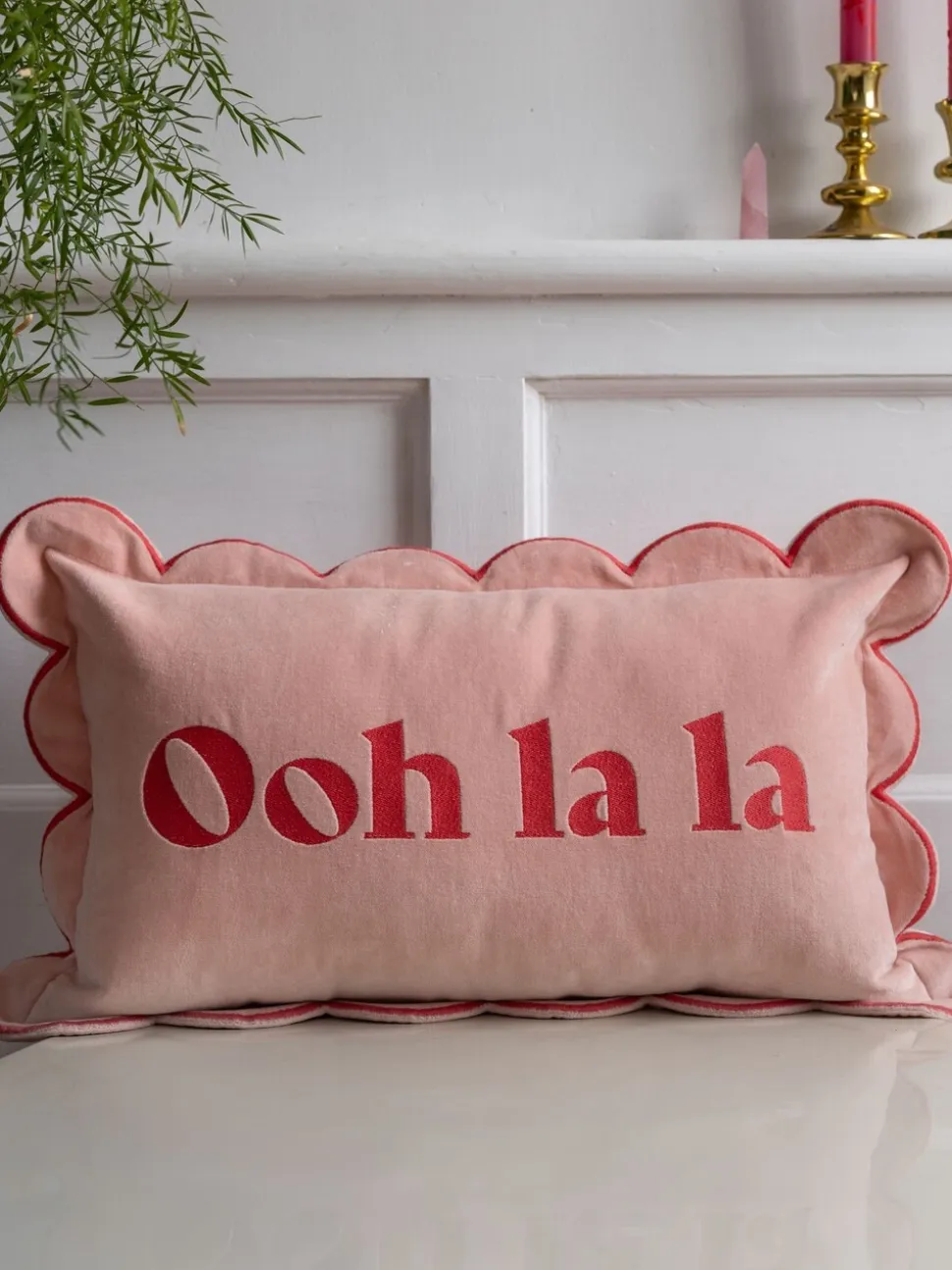 Rockett St George Ooh La La Scalloped Velvet Slogan Cushion