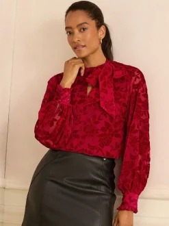 Rode fluweel Devoré - Love & Roses blouse met lange mouwen en striksluiting