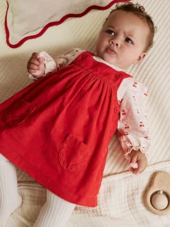 Rode strik - Set van corduroy pinafore, bodysuit met lange mouwen en maillot voor baby's (0mnd-2jr)