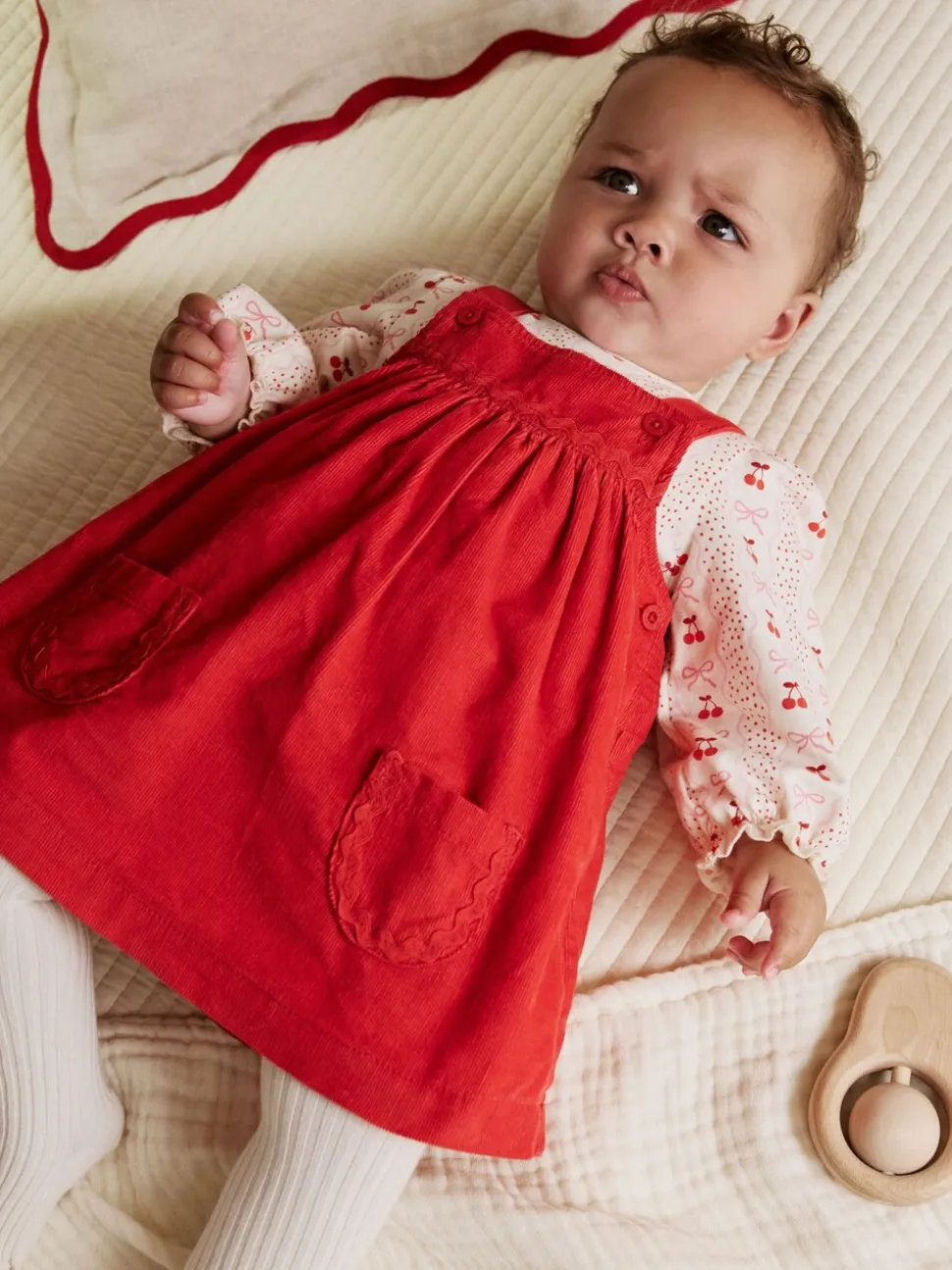 Rode strik - Set van corduroy pinafore, bodysuit met lange mouwen en maillot voor baby's (0mnd-2jr)