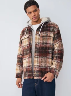 Roestbruin - Borg gevoerd ruit overshirt met capuchon