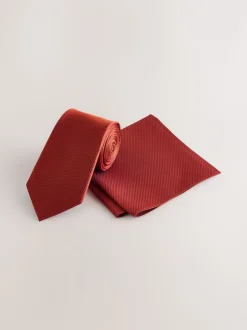 Roestbruin - Set met textuurrijke stropdas en pochet