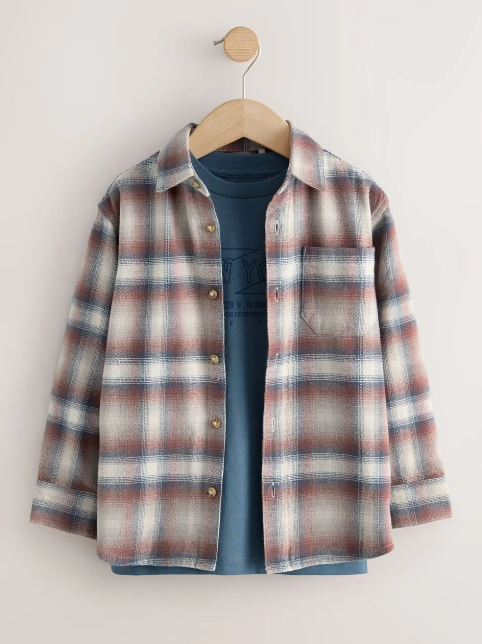 Roestbruin - Set van geruit overhemd met lange mouwen en T-shirt 2 stuks (3-16jaar)
