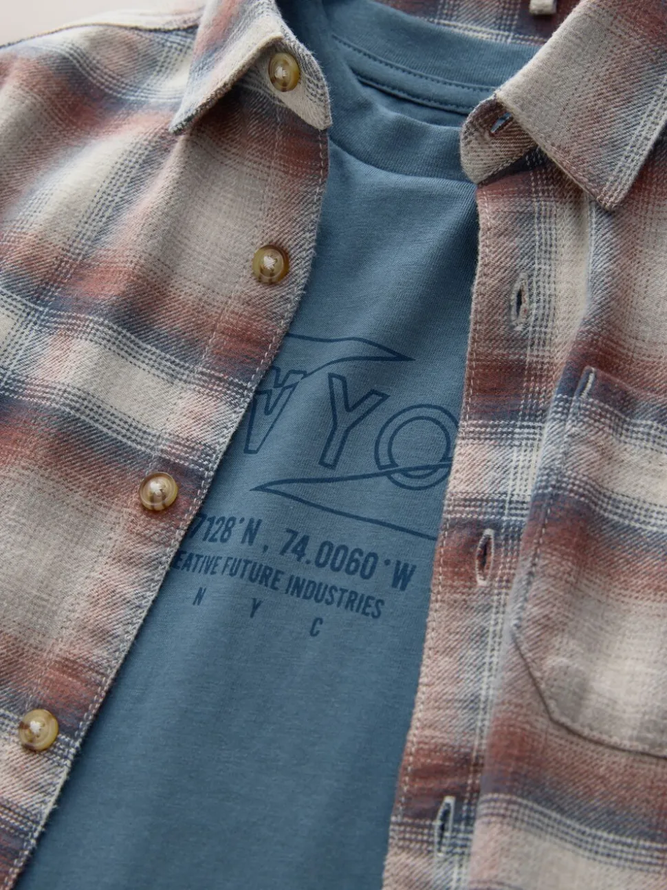 Roestbruin - Set van geruit overhemd met lange mouwen en T-shirt 2 stuks (3-16jaar)