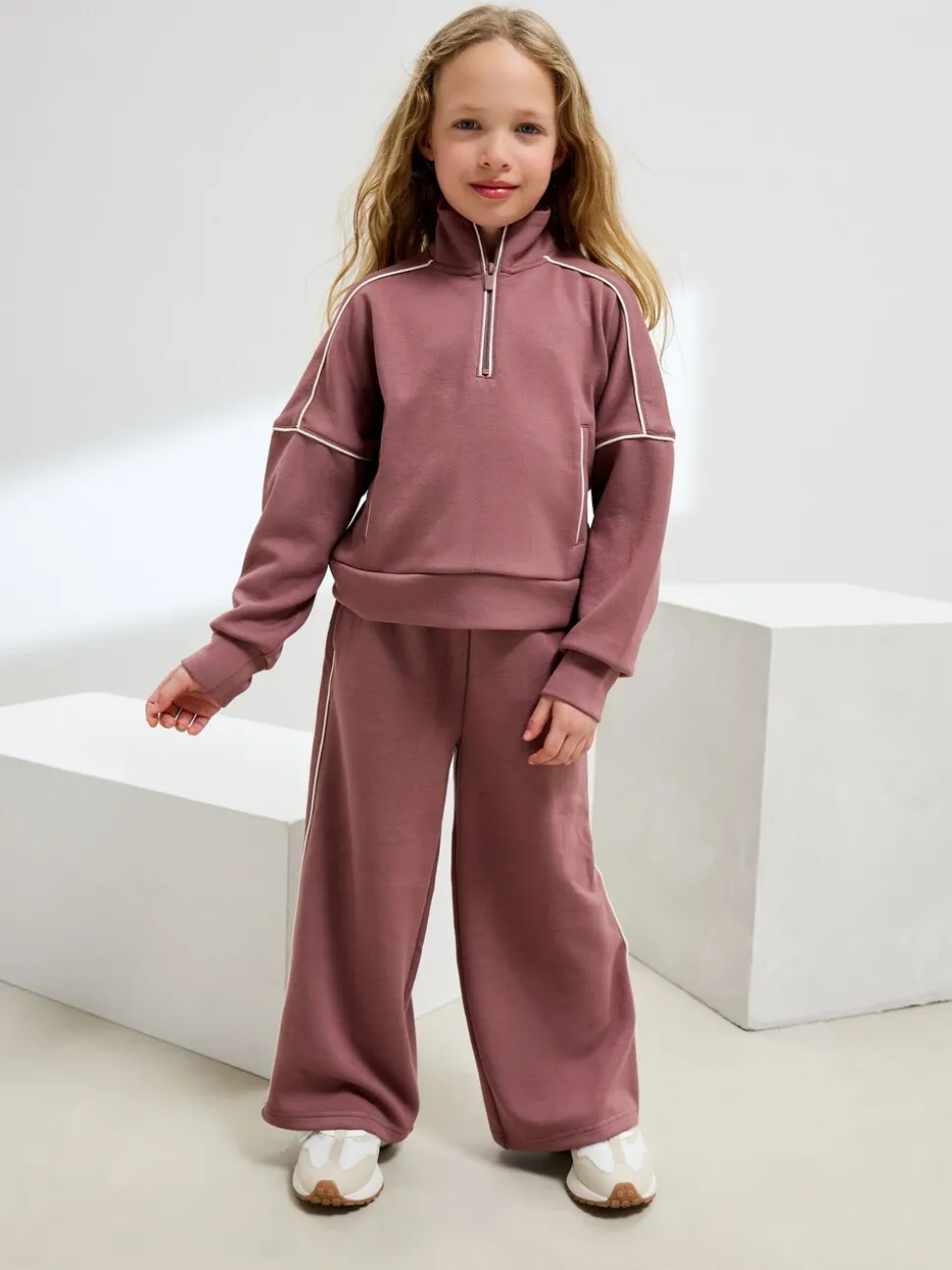 Roestbruin-roze - Set van superzachte joggingbroek met rits, ronde hals en wijde pijpen (3-16jr)