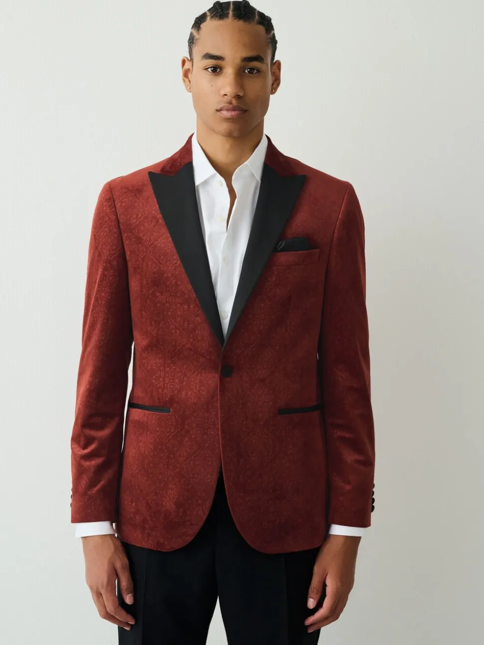 Roestkleurig met bloemenprint - Slim Fit - Fluwelen blazer met patroon