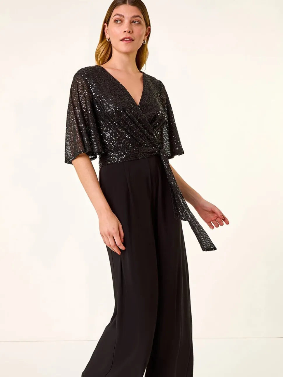 Roman Sequin Flutter Sleeve Stretch Jumpsuit