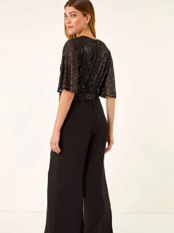 Roman Sequin Flutter Sleeve Stretch Jumpsuit