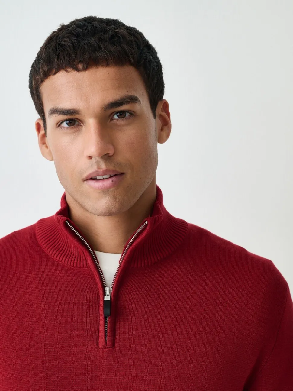 Rood - Effen - Regular fit 100% katoenen premium trui met korte rits