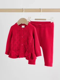 Rood - Gebreide vestset met strik en ruches (0mnd-3jr)