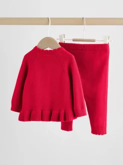 Rood - Gebreide vestset met strik en ruches (0mnd-3jr)