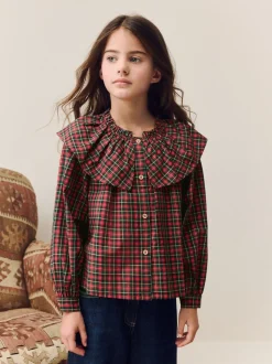 Rood - Geruite blouse met ruches aan de kraag (3-16jaar)
