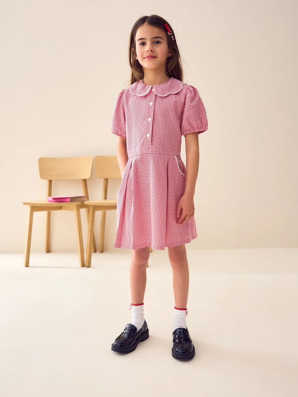 Rood - Katoenrijke, gegolfde kraag, ruitjesjurk voor school (3-14jr)
