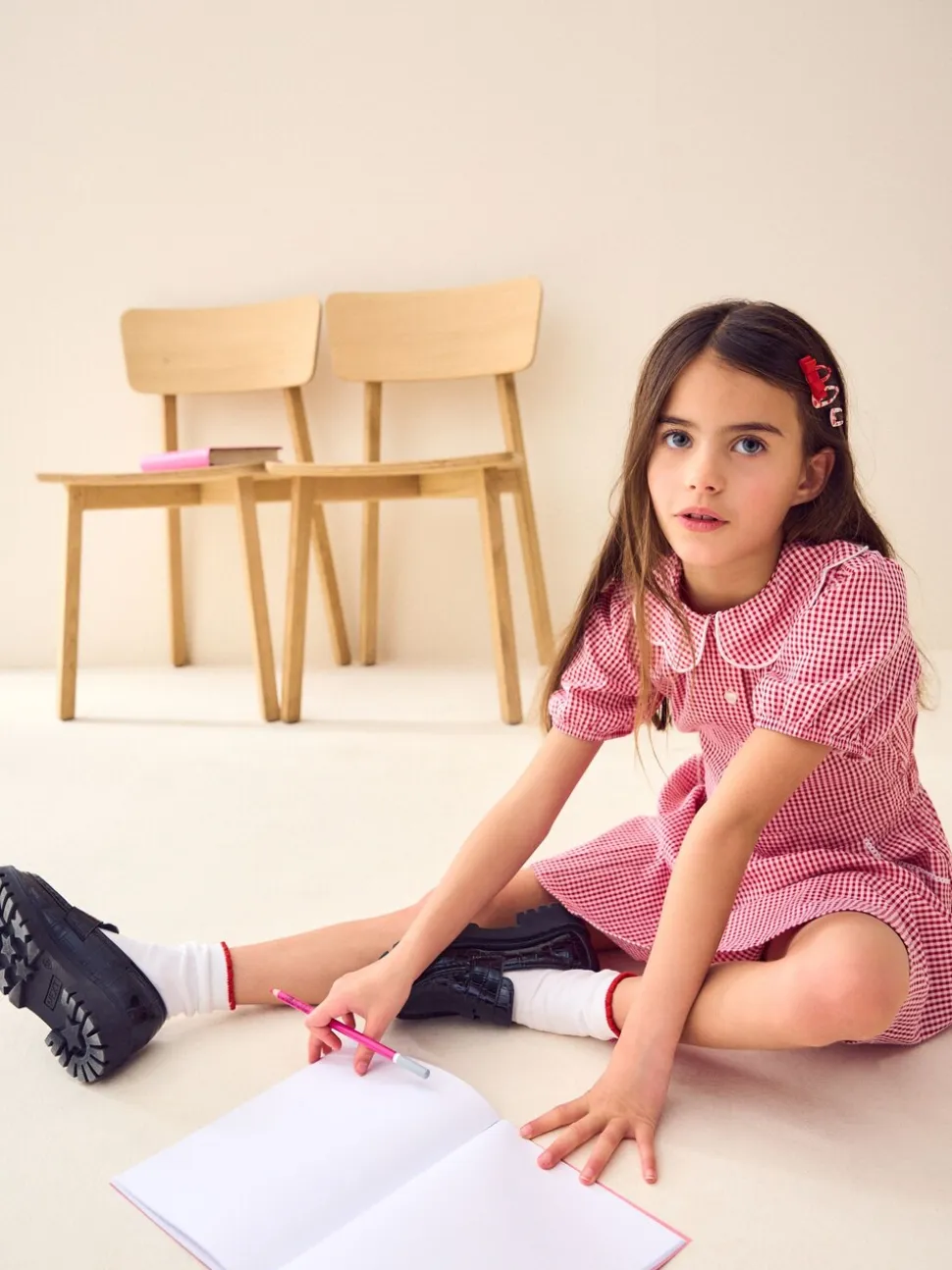 Rood - Katoenrijke, gegolfde kraag, ruitjesjurk voor school (3-14jr)