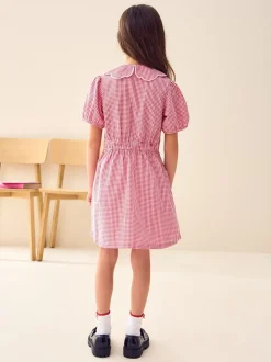 Rood - Katoenrijke, gegolfde kraag, ruitjesjurk voor school (3-14jr)