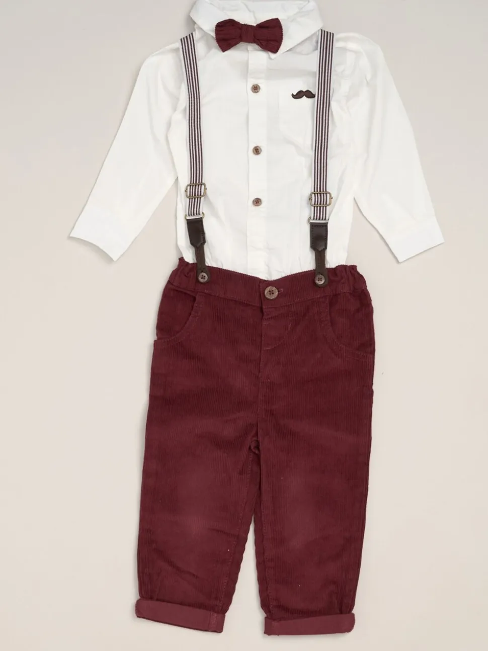 Rood - Little Gent Corduroy Bow Tie Mock Shirt and Trousers With Braces Outfit Set