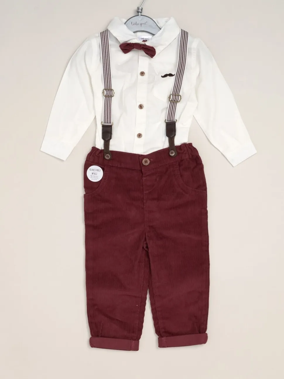 Rood - Little Gent Corduroy Bow Tie Mock Shirt and Trousers With Braces Outfit Set