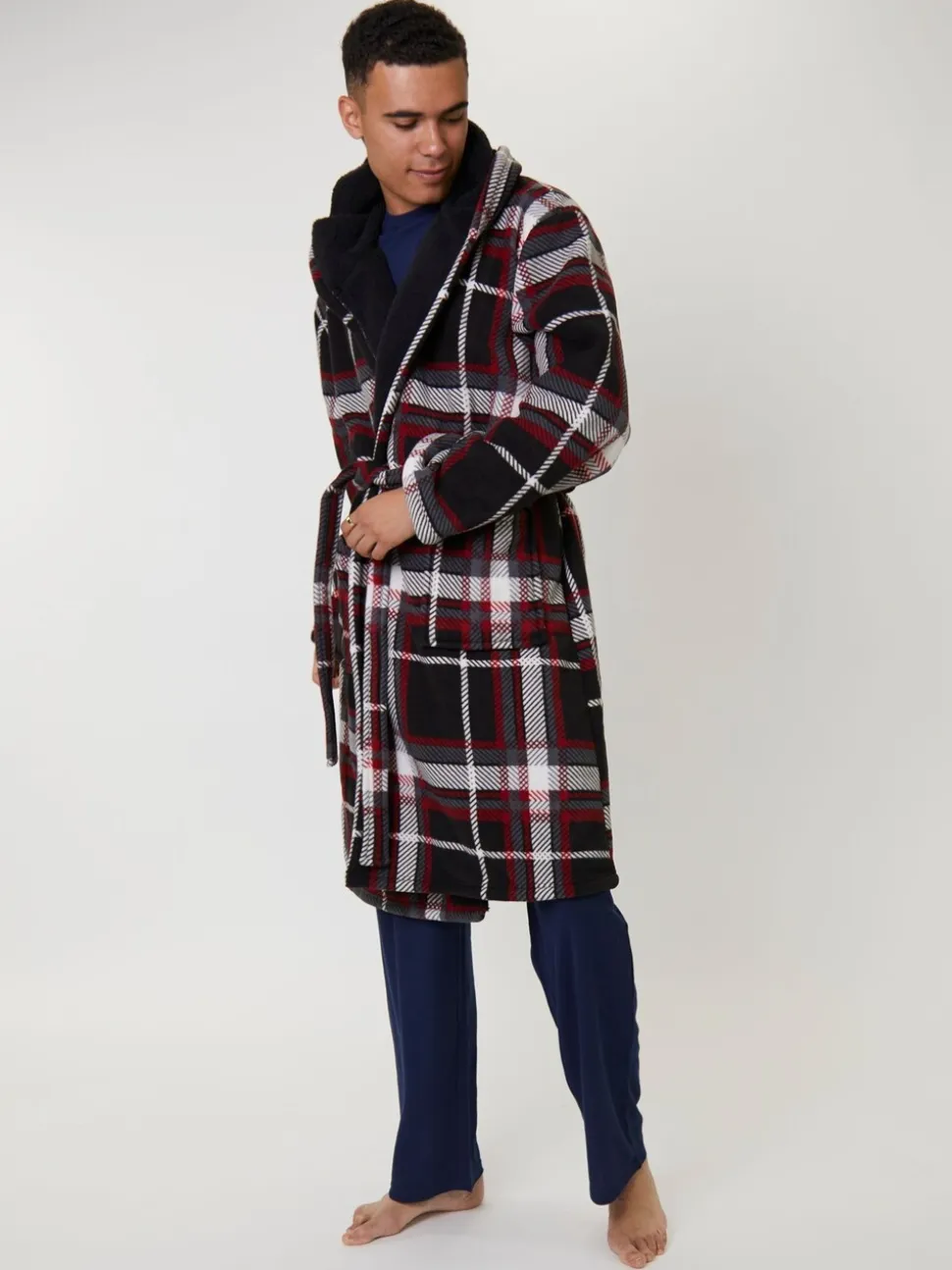 Rood - Loungeable Ruit bonded fleece gevoerde kamerjas met capuchon