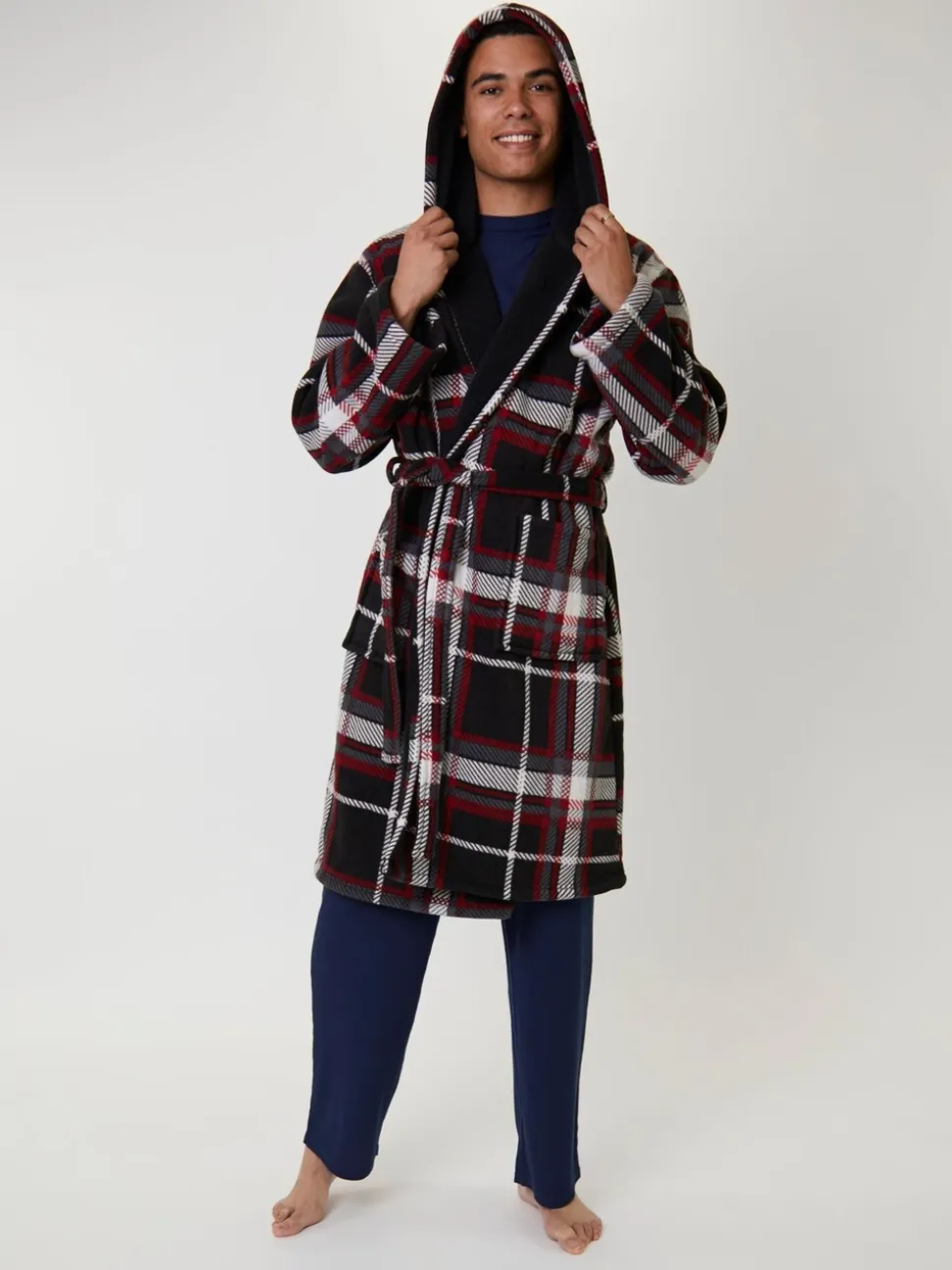 Rood - Loungeable Ruit bonded fleece gevoerde kamerjas met capuchon