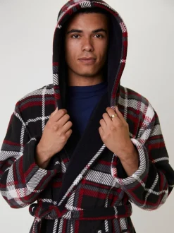 Rood - Loungeable Ruit bonded fleece gevoerde kamerjas met capuchon