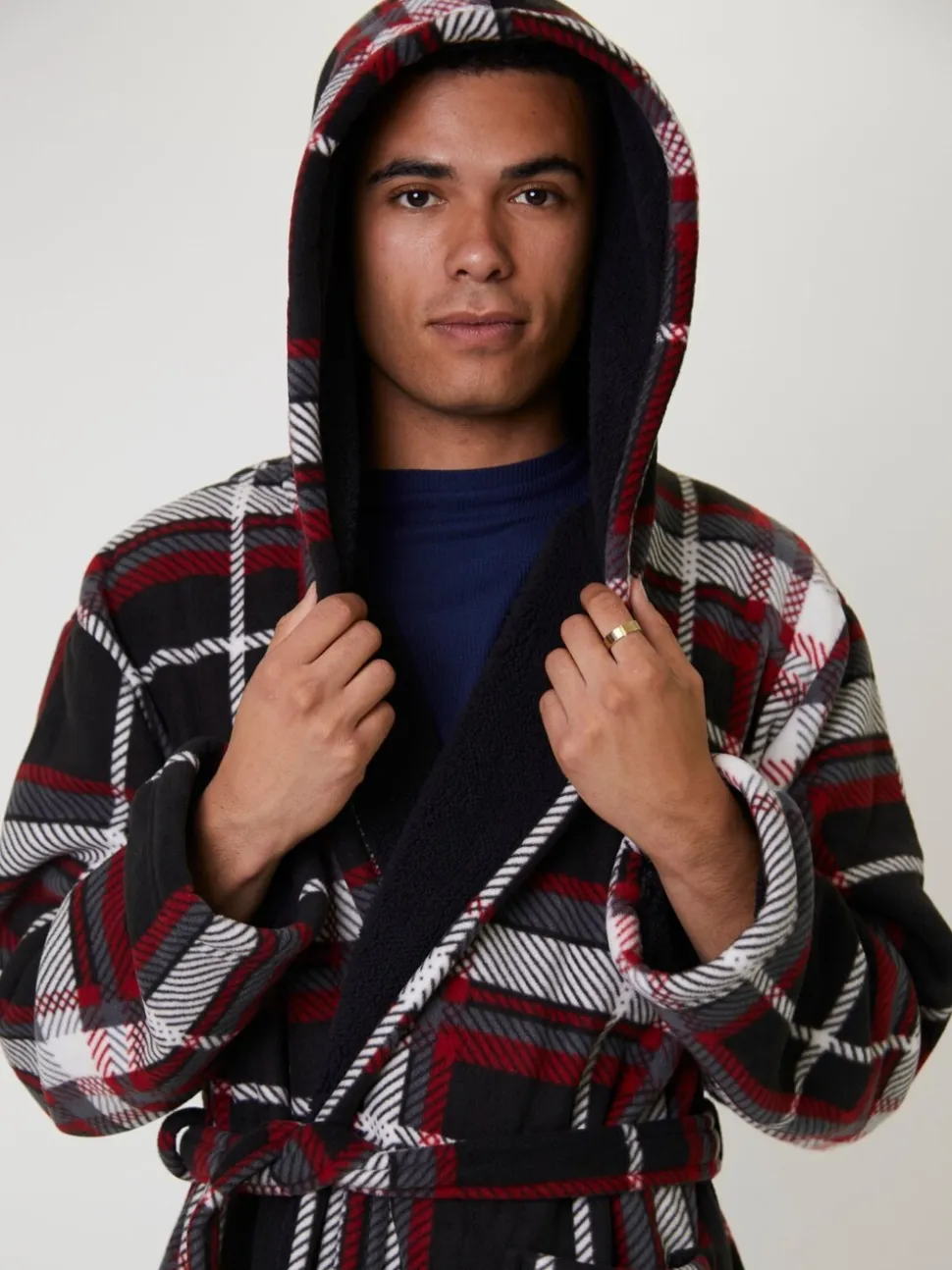 Rood - Loungeable Ruit bonded fleece gevoerde kamerjas met capuchon