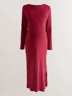 Rood - Maternity Long Sleeve Nursing Shelf Dress