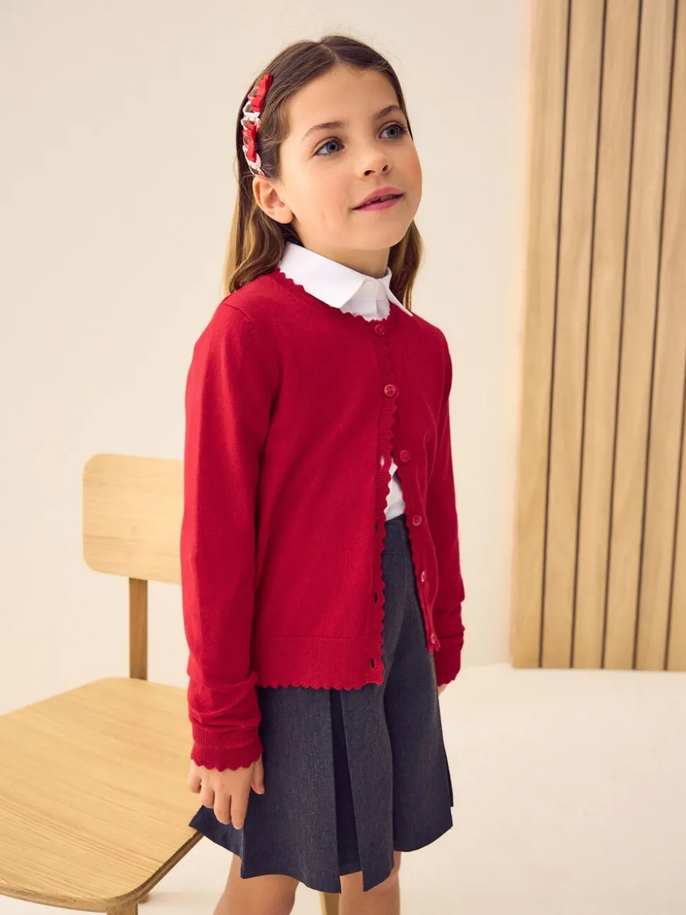 Rood - Schoolvest met geschulpte rand van katoen (3-16 jr)