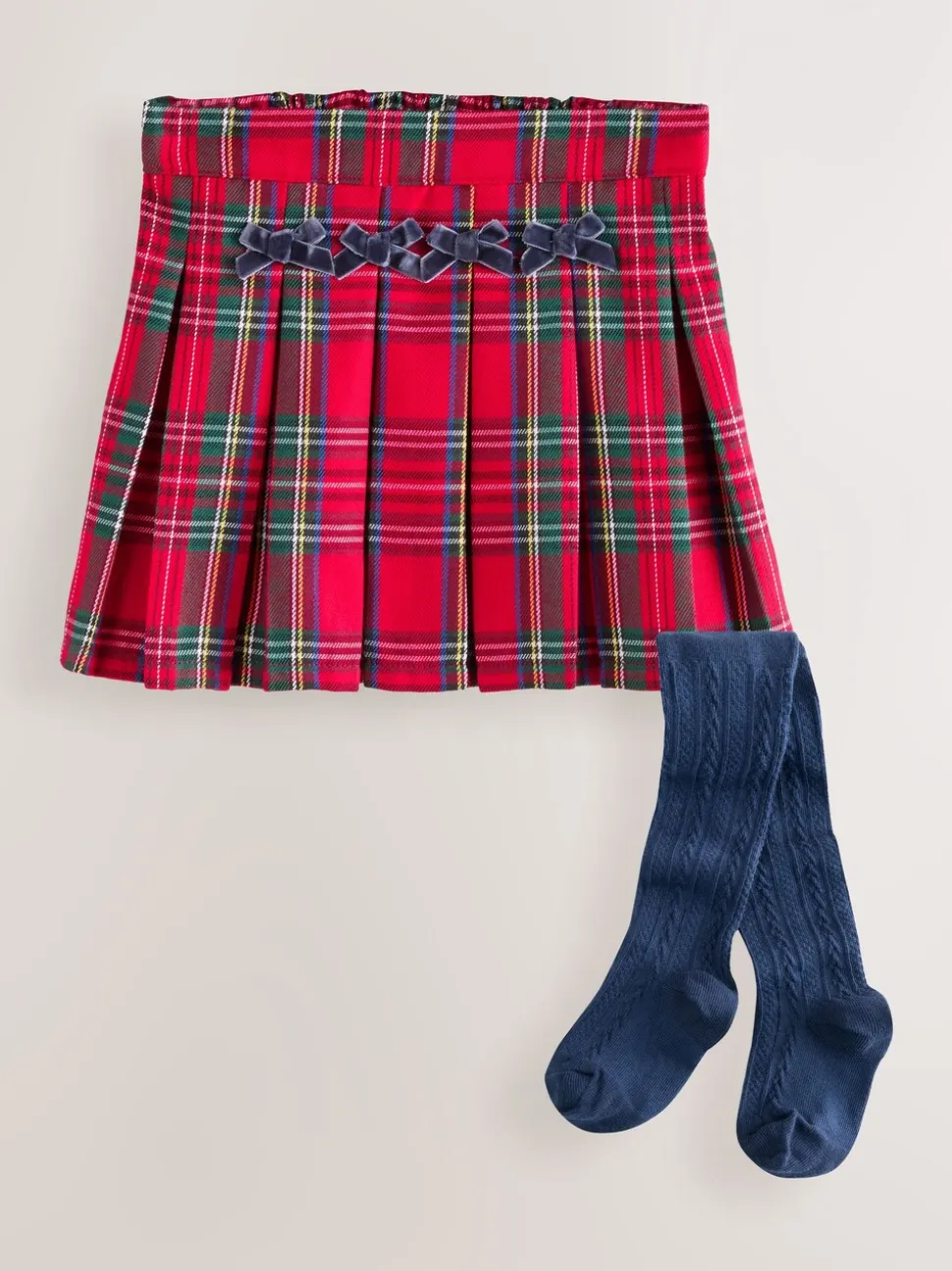 Rood - Tartan Bow Skirt with Navy Tights (3mths-7yrs)