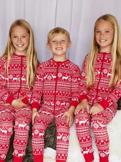 Rood - The Little Tailor Kids Rendier kerstmis fair isle-patroon 100% katoen alles-in-één
