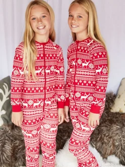 Rood - The Little Tailor Kids Rendier kerstmis fair isle-patroon 100% katoen alles-in-één