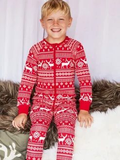 Rood - The Little Tailor Kids Rendier kerstmis fair isle-patroon 100% katoen alles-in-één