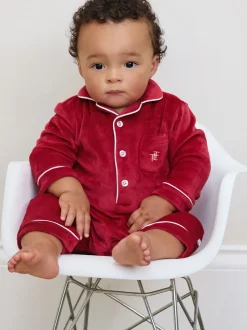 Rood - The Little Tailor luxe kerst onesie-romper van zacht velours voor baby's