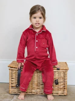 Rood - The Little Tailor luxe kerst onesie-romper van zacht velours voor baby's
