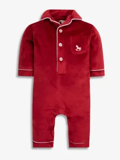 Rood - The Little Tailor luxe kerst onesie-romper van zacht velours voor baby's