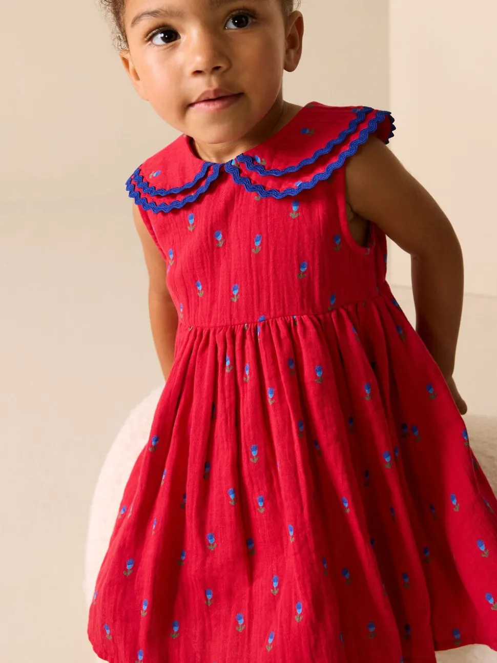 Rood gebloemd - Ric Rac Collar Dress (3mths-8yrs)