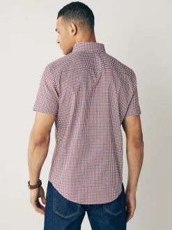 Rood met gingham-ruitje - Strijvrij Oxford overhemd met korte mouwen en knopen