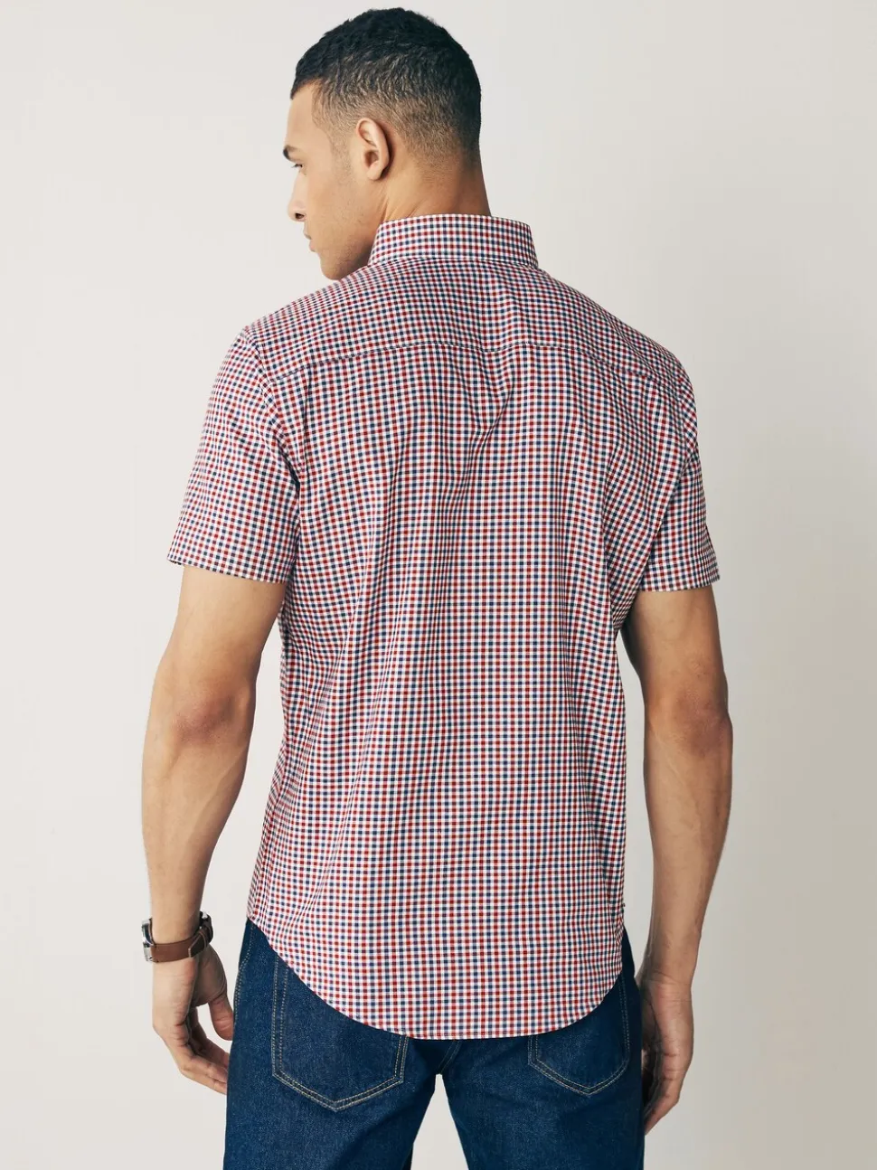 Rood met gingham-ruitje - Strijvrij Oxford overhemd met korte mouwen en knopen