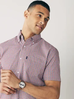Rood met gingham-ruitje - Strijvrij Oxford overhemd met korte mouwen en knopen