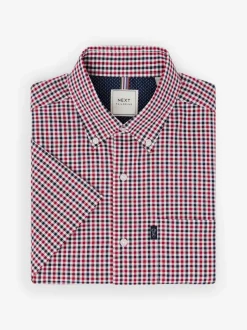 Rood met gingham-ruitje - Strijvrij Oxford overhemd met korte mouwen en knopen